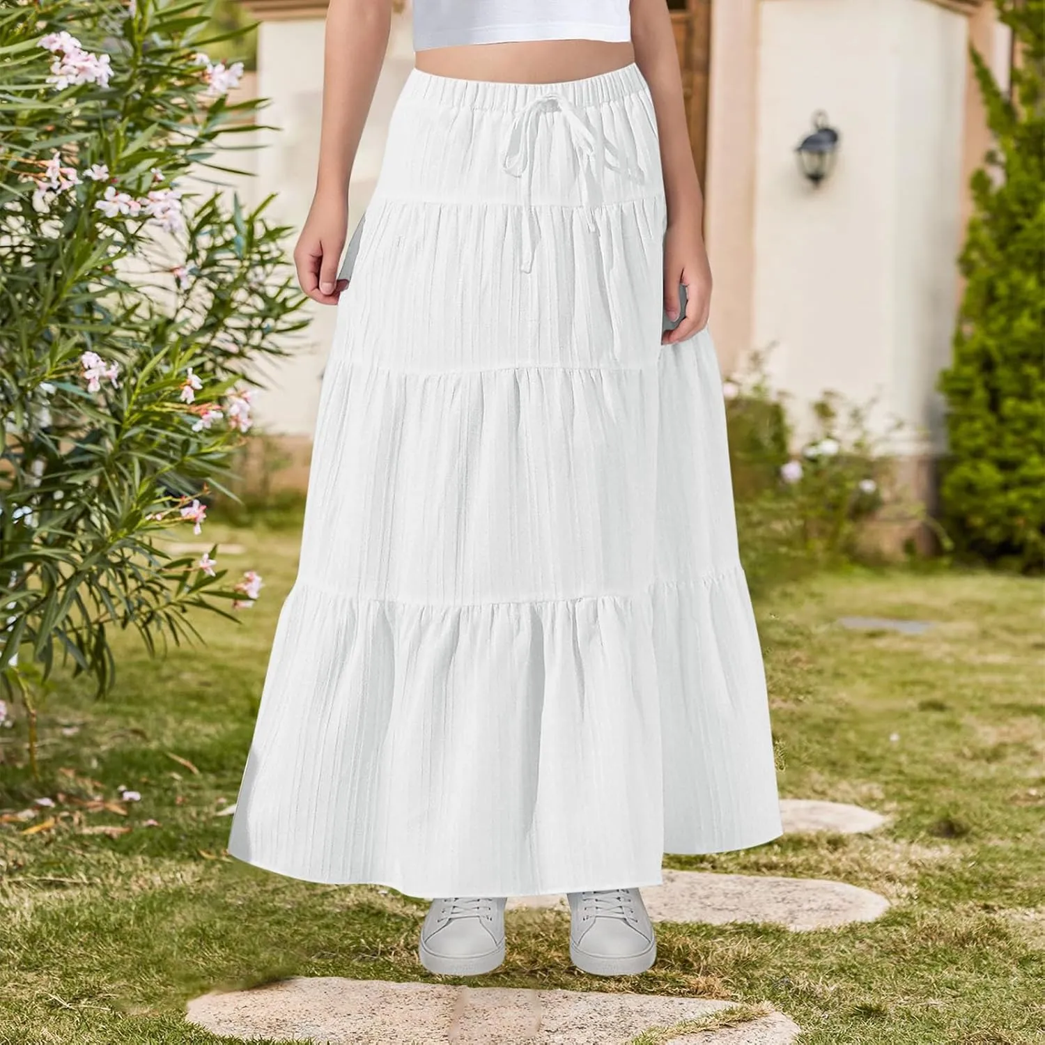 Girls Maxi Skirt Boho Casual Tiered High Waist A Line Flowy Long Skirt Kids Summer Swing Ankle Length Drawstring Skirts