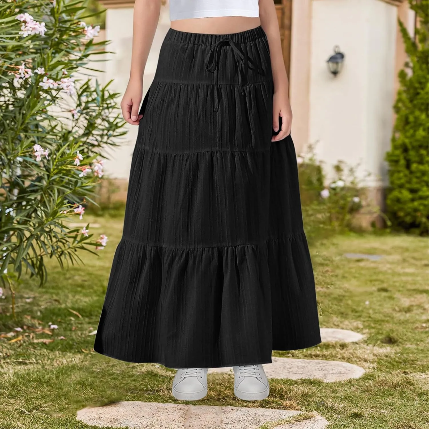 Girls Maxi Skirt Boho Casual Tiered High Waist A Line Flowy Long Skirt Kids Summer Swing Ankle Length Drawstring Skirts
