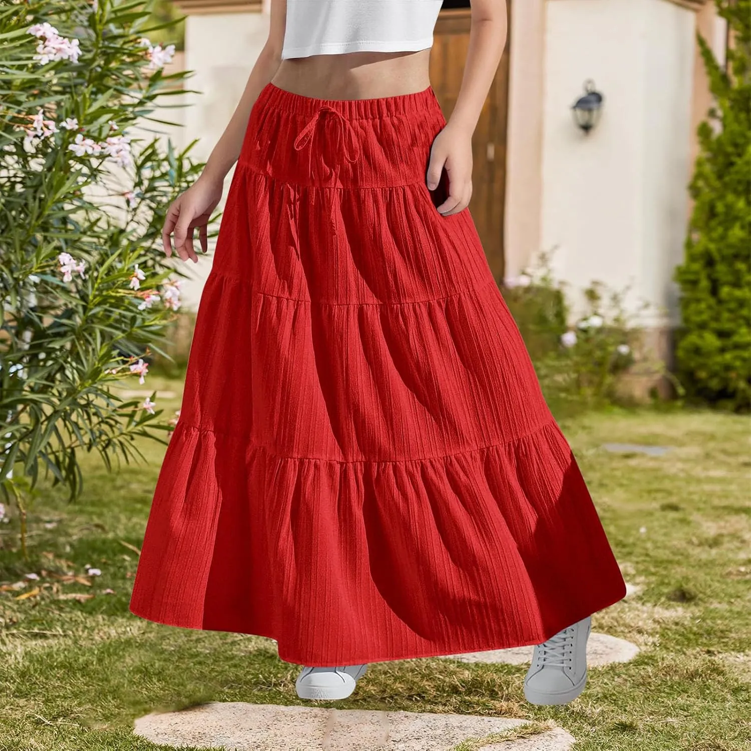 Girls Maxi Skirt Boho Casual Tiered High Waist A Line Flowy Long Skirt Kids Summer Swing Ankle Length Drawstring Skirts