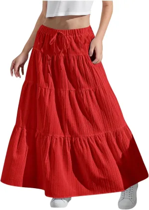 Girls Maxi Skirt Boho Casual Tiered High Waist A Line Flowy Long Skirt Kids Summer Swing Ankle Length Drawstring Skirts
