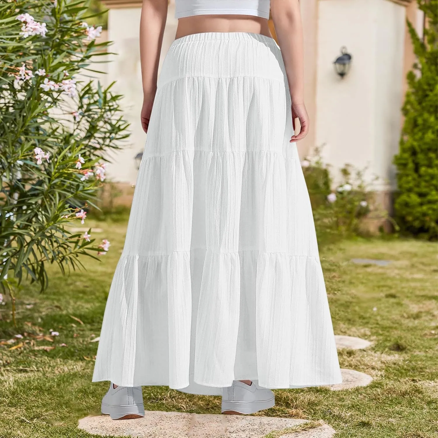 Girls Maxi Skirt Boho Casual Tiered High Waist A Line Flowy Long Skirt Kids Summer Swing Ankle Length Drawstring Skirts