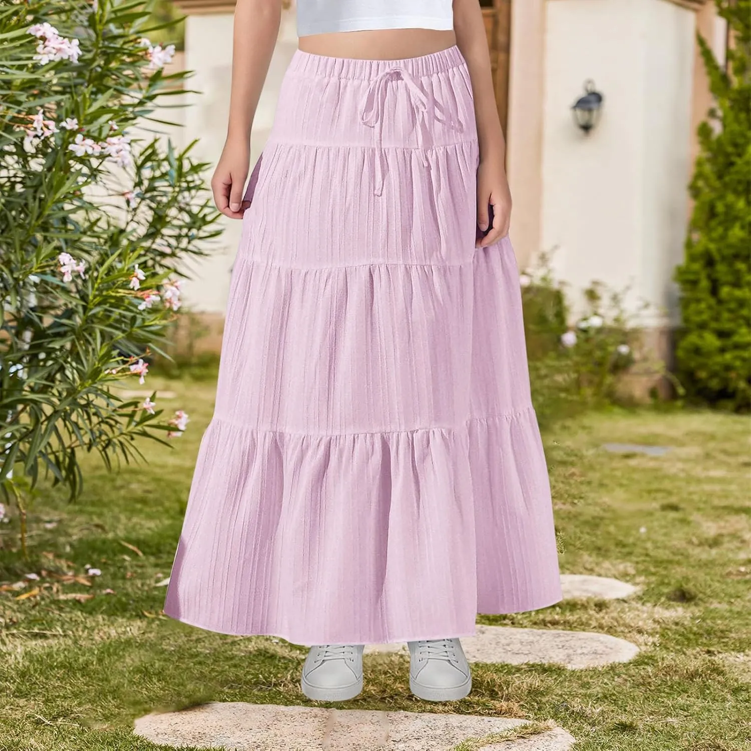 Girls Maxi Skirt Boho Casual Tiered High Waist A Line Flowy Long Skirt Kids Summer Swing Ankle Length Drawstring Skirts