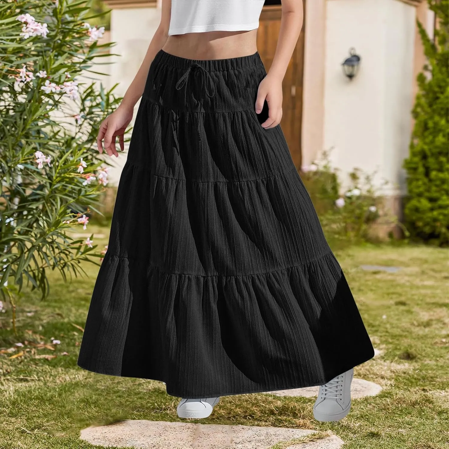 Girls Maxi Skirt Boho Casual Tiered High Waist A Line Flowy Long Skirt Kids Summer Swing Ankle Length Drawstring Skirts