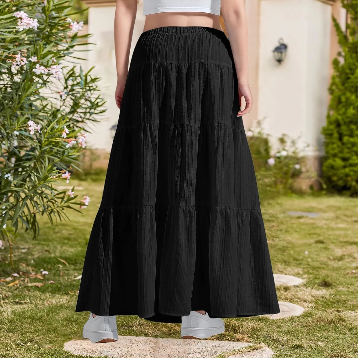 Girls Maxi Skirt Boho Casual Tiered High Waist A Line Flowy Long Skirt Kids Summer Swing Ankle Length Drawstring Skirts