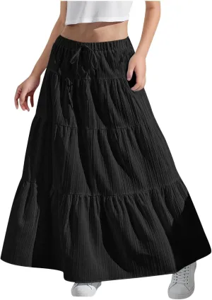 Girls Maxi Skirt Boho Casual Tiered High Waist A Line Flowy Long Skirt Kids Summer Swing Ankle Length Drawstring Skirts