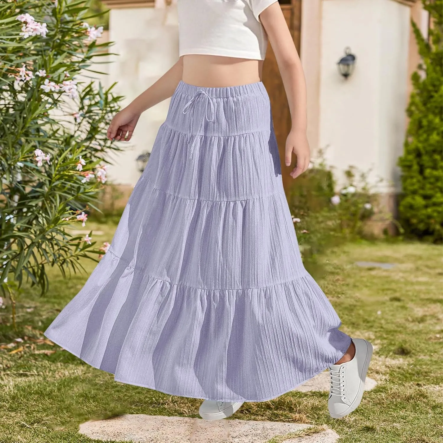 Girls Maxi Skirt Boho Casual Tiered High Waist A Line Flowy Long Skirt Kids Summer Swing Ankle Length Drawstring Skirts