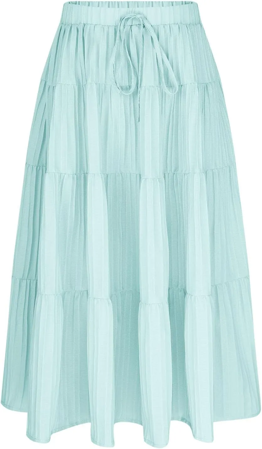 Girls Maxi Skirt Boho Casual Tiered High Waist A Line Flowy Long Skirt Kids Summer Swing Ankle Length Drawstring Skirts