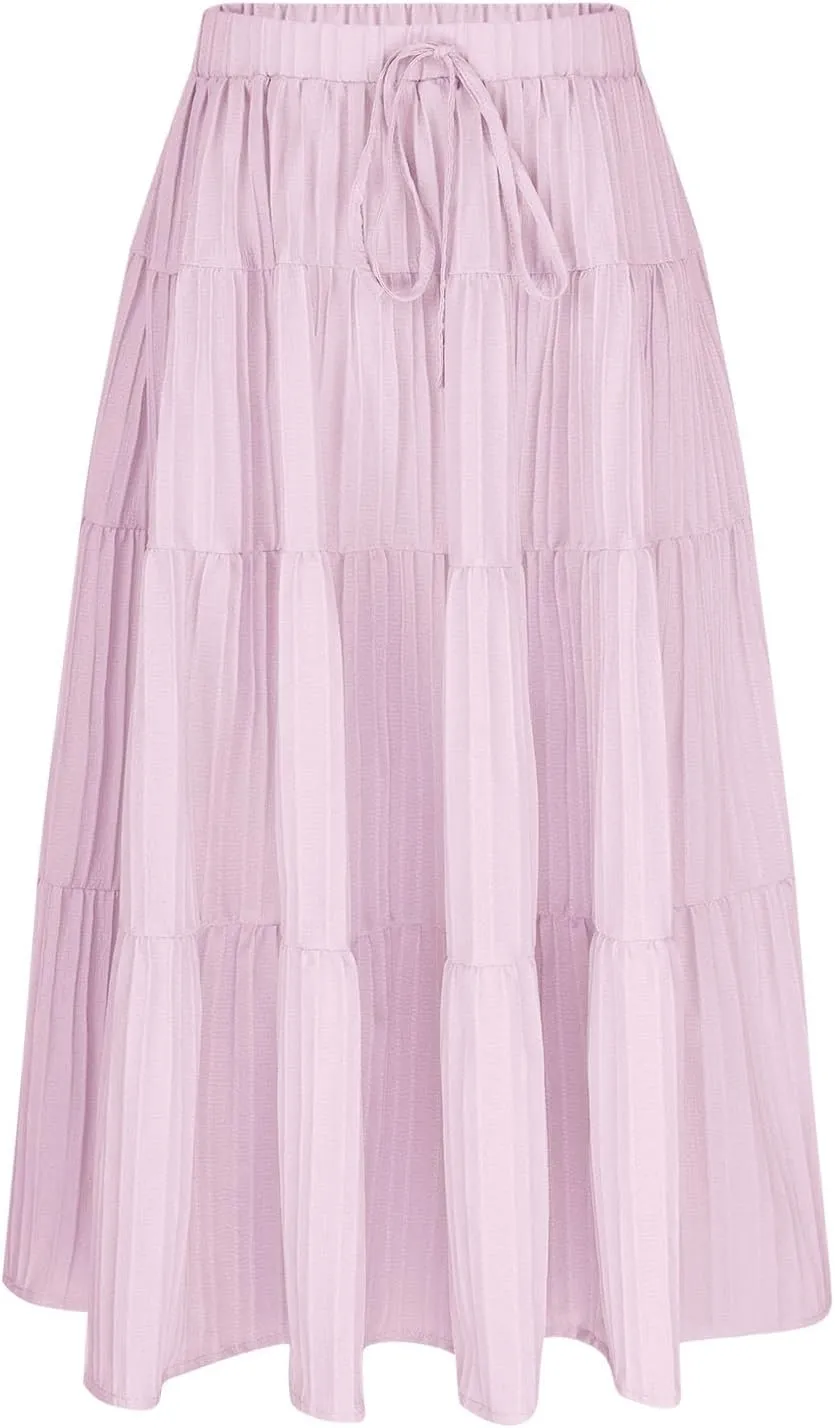 Girls Maxi Skirt Boho Casual Tiered High Waist A Line Flowy Long Skirt Kids Summer Swing Ankle Length Drawstring Skirts