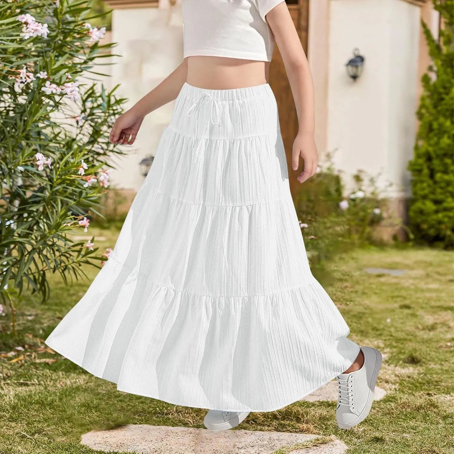 Girls Maxi Skirt Boho Casual Tiered High Waist A Line Flowy Long Skirt Kids Summer Swing Ankle Length Drawstring Skirts