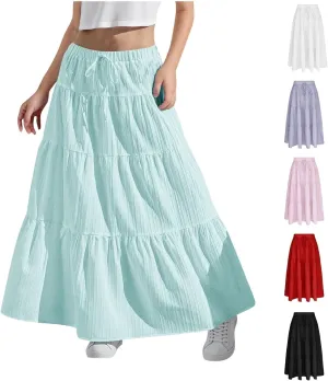Girls Maxi Skirt Boho Casual Tiered High Waist A Line Flowy Long Skirt Kids Summer Swing Ankle Length Drawstring Skirts