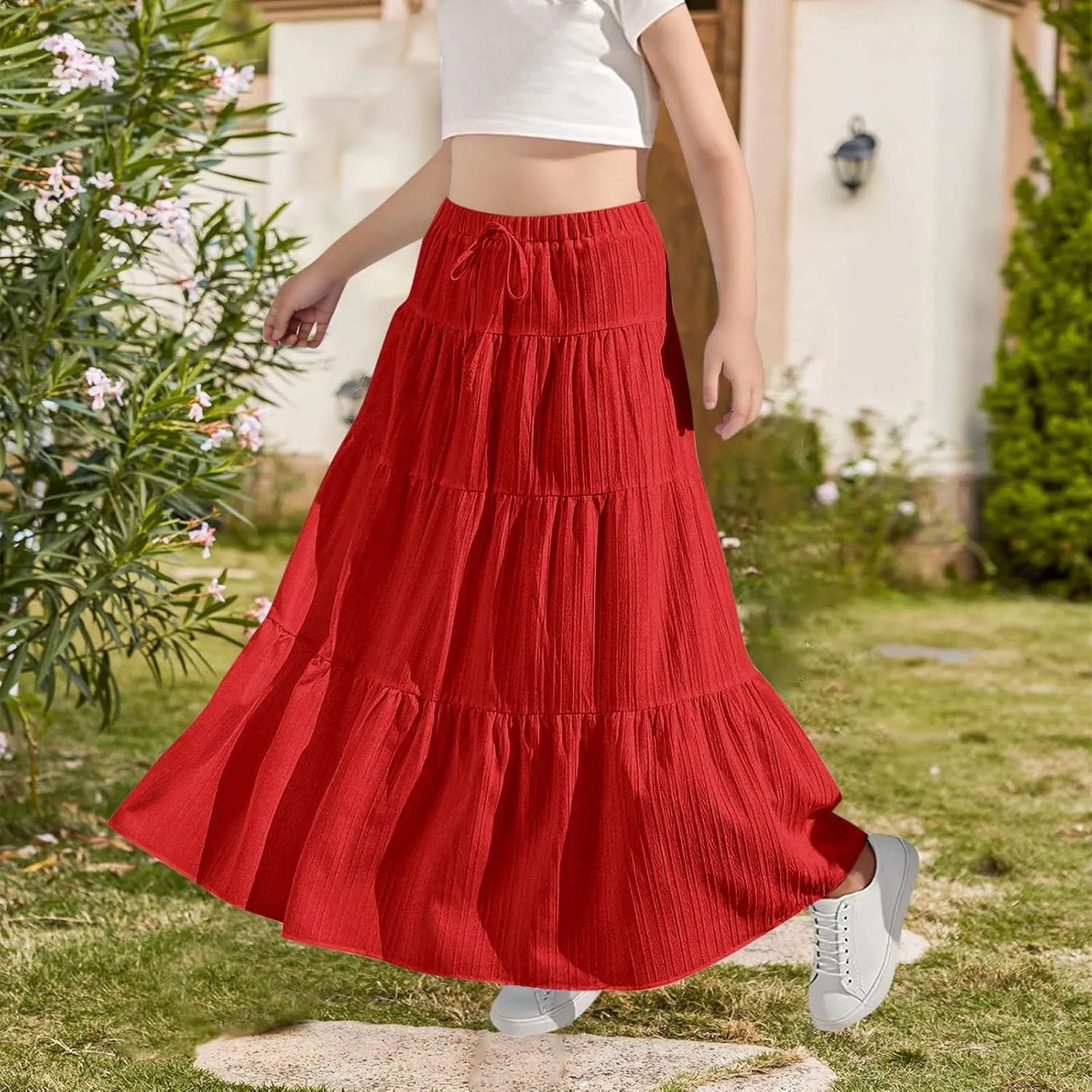 Girls Maxi Skirt Boho Casual Tiered High Waist A Line Flowy Long Skirt Kids Summer Swing Ankle Length Drawstring Skirts