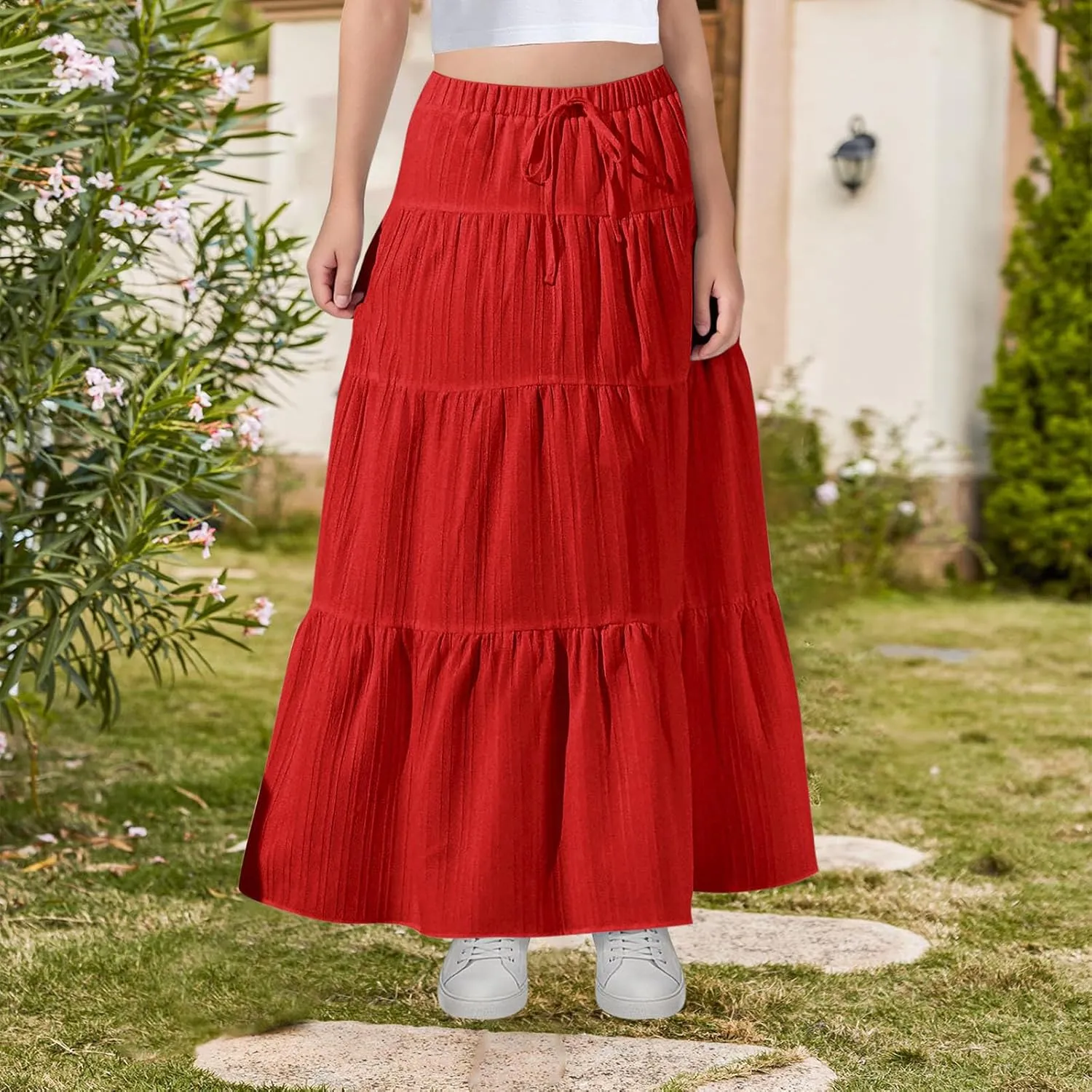 Girls Maxi Skirt Boho Casual Tiered High Waist A Line Flowy Long Skirt Kids Summer Swing Ankle Length Drawstring Skirts