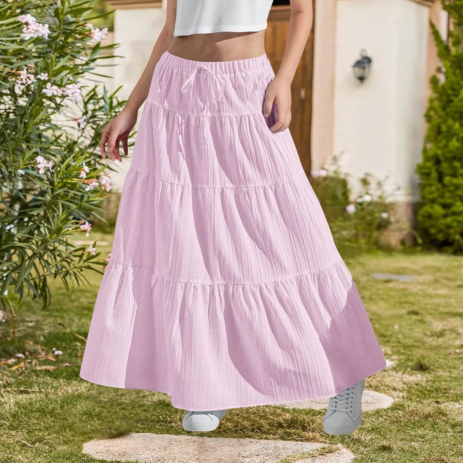 Girls Maxi Skirt Boho Casual Tiered High Waist A Line Flowy Long Skirt Kids Summer Swing Ankle Length Drawstring Skirts