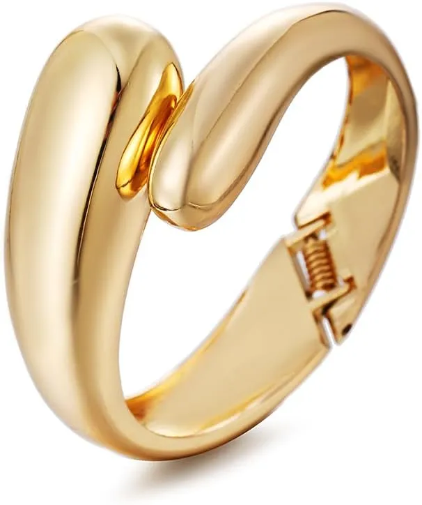 Gold Polished Chunky Twisted Hinged Waterdrop Bangle Bracelet for Women Spiraled Oval Bangle Bracelet