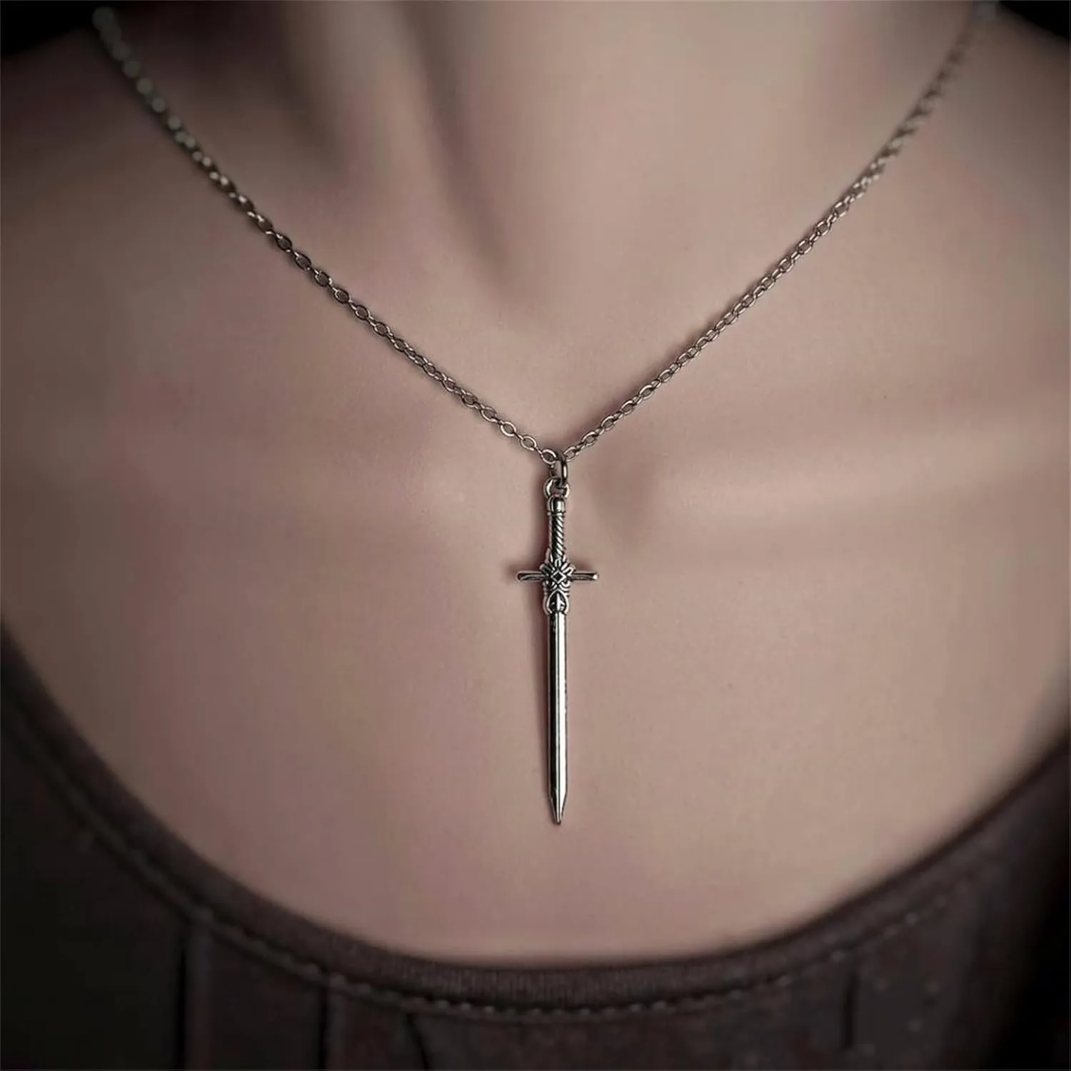 Gothic Sword Cross Necklace Punk Cool Long Dagger Knife Antiqued Silver Carved Pendant Chain Necklace for Men Women Goth Halloween Cosplay Christmas Party Rock Hip Hop Fashion Jewelry Gifts