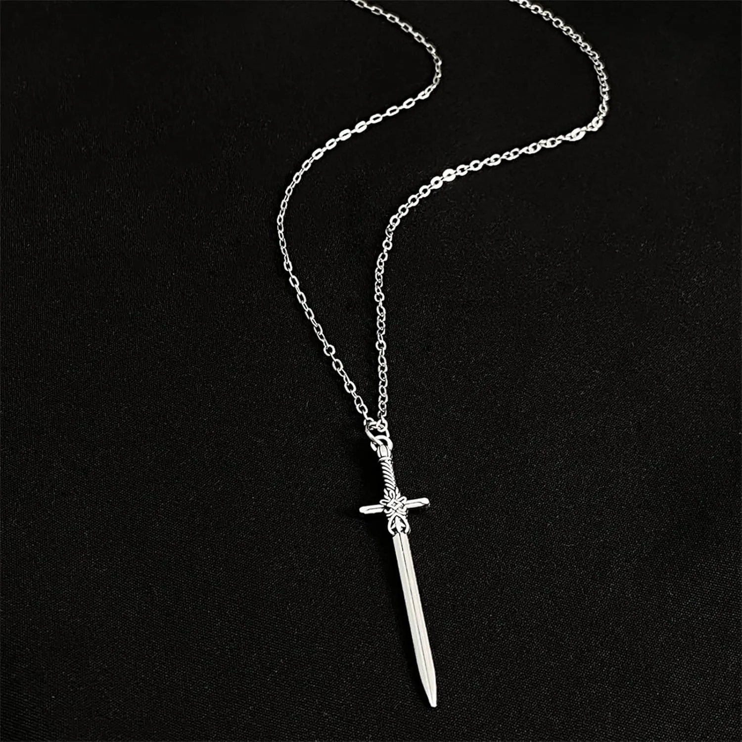 Gothic Sword Cross Necklace Punk Cool Long Dagger Knife Antiqued Silver Carved Pendant Chain Necklace for Men Women Goth Halloween Cosplay Christmas Party Rock Hip Hop Fashion Jewelry Gifts