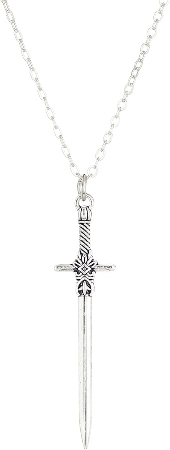 Gothic Sword Cross Necklace Punk Cool Long Dagger Knife Antiqued Silver Carved Pendant Chain Necklace for Men Women Goth Halloween Cosplay Christmas Party Rock Hip Hop Fashion Jewelry Gifts