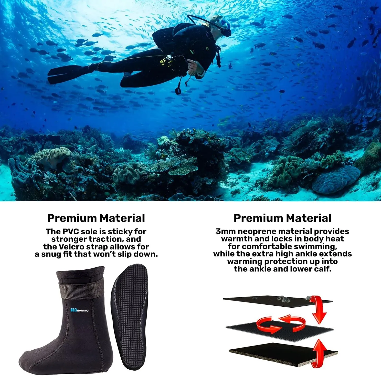 H2ODYSSEY 3mm Neoprene Sock - Extra High Ankle & Traction Sole