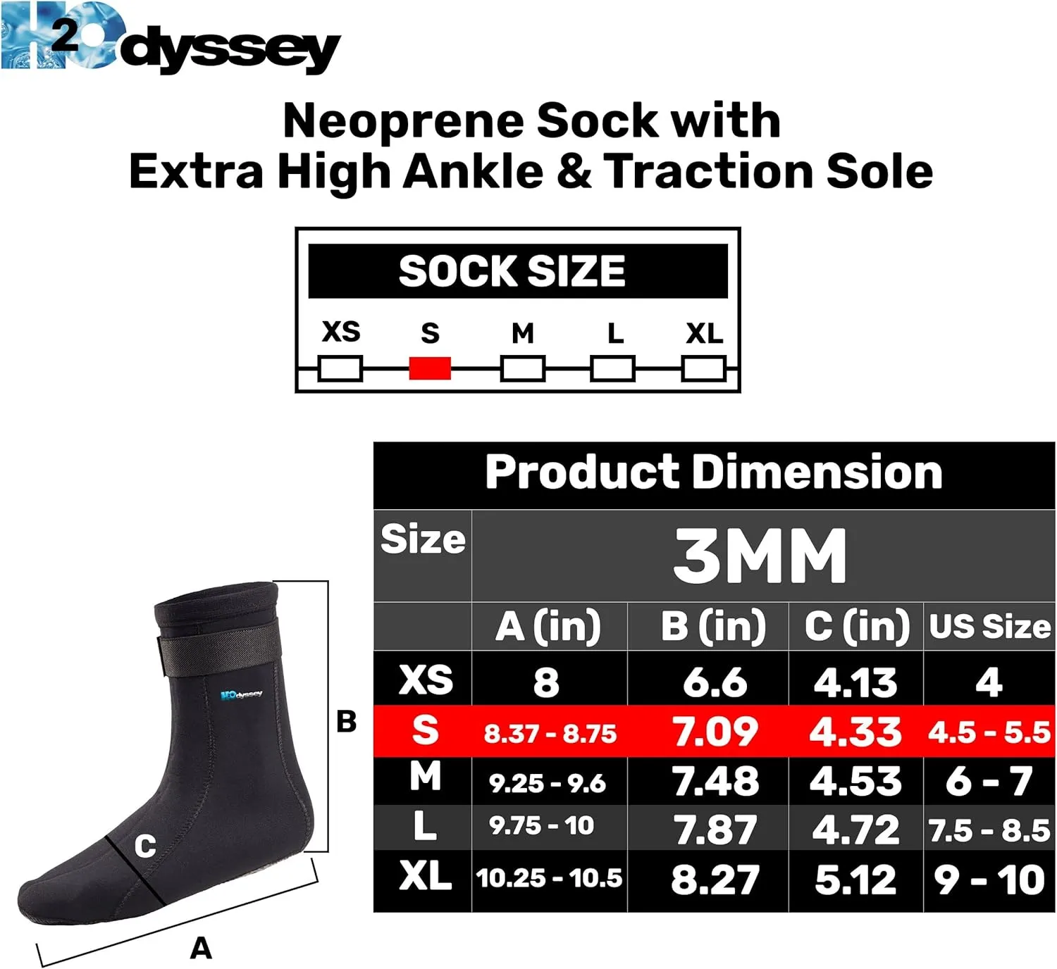 H2ODYSSEY 3mm Neoprene Sock - Extra High Ankle & Traction Sole