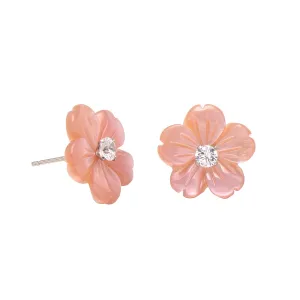 Hand Carved Flower Shell Earring Jacket with 3MM White Cubic Zirconia Sterling Silver Studs