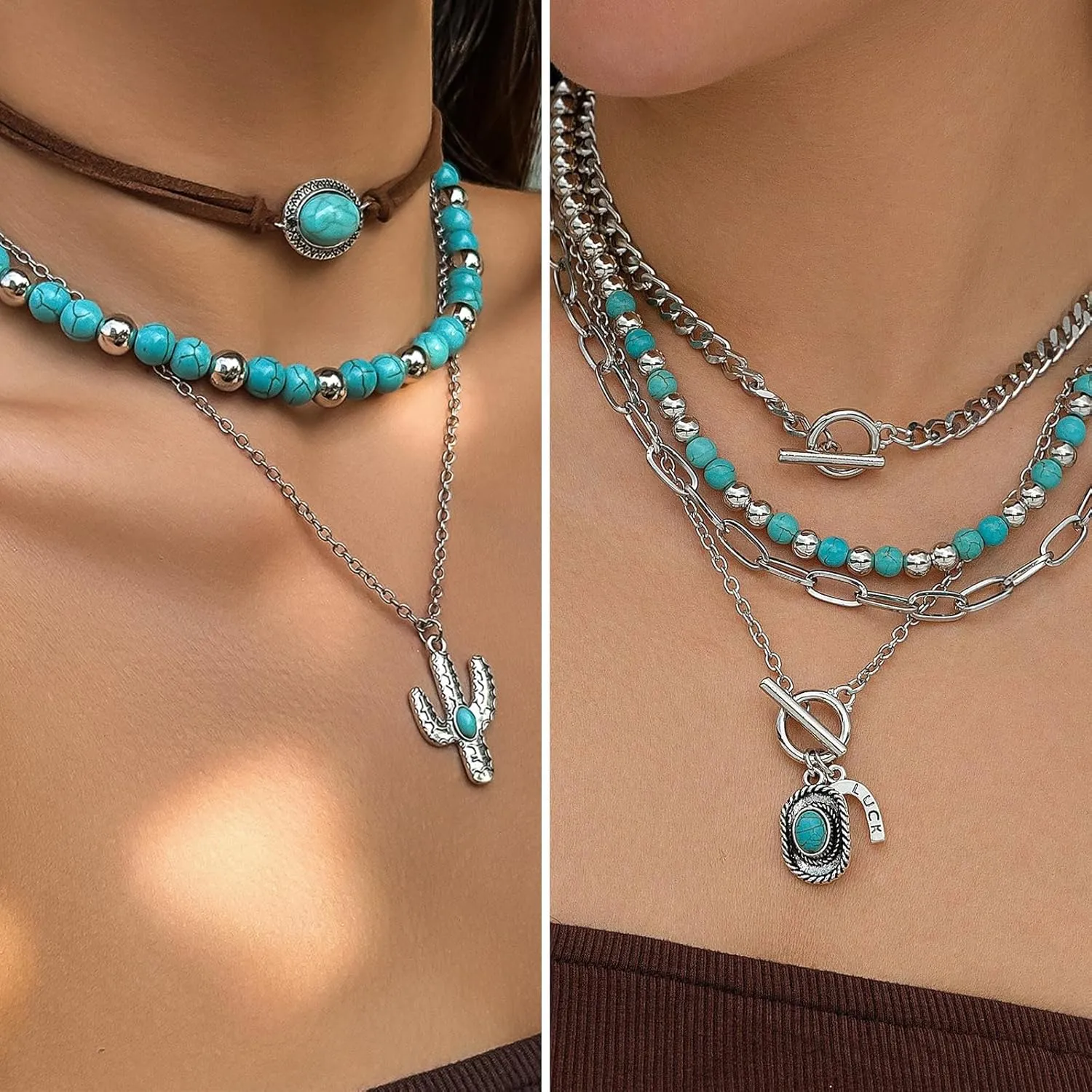 IFKM Bohemian Jewelry Set With Turquoise Necklace, Dangle Earrings, Stackable Bangle Bracelets, Knuckle Rings For Women Vintage Western Boho Turquoise Anniversary Birthday Friendship Gift