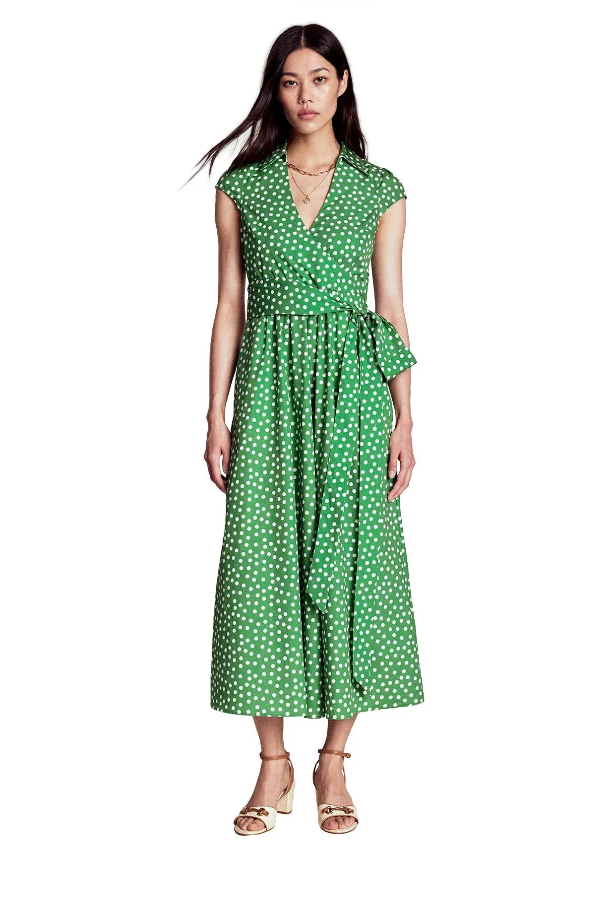 Julia Cotton Wrap Midi Dress-Highland Green, Painted Dot