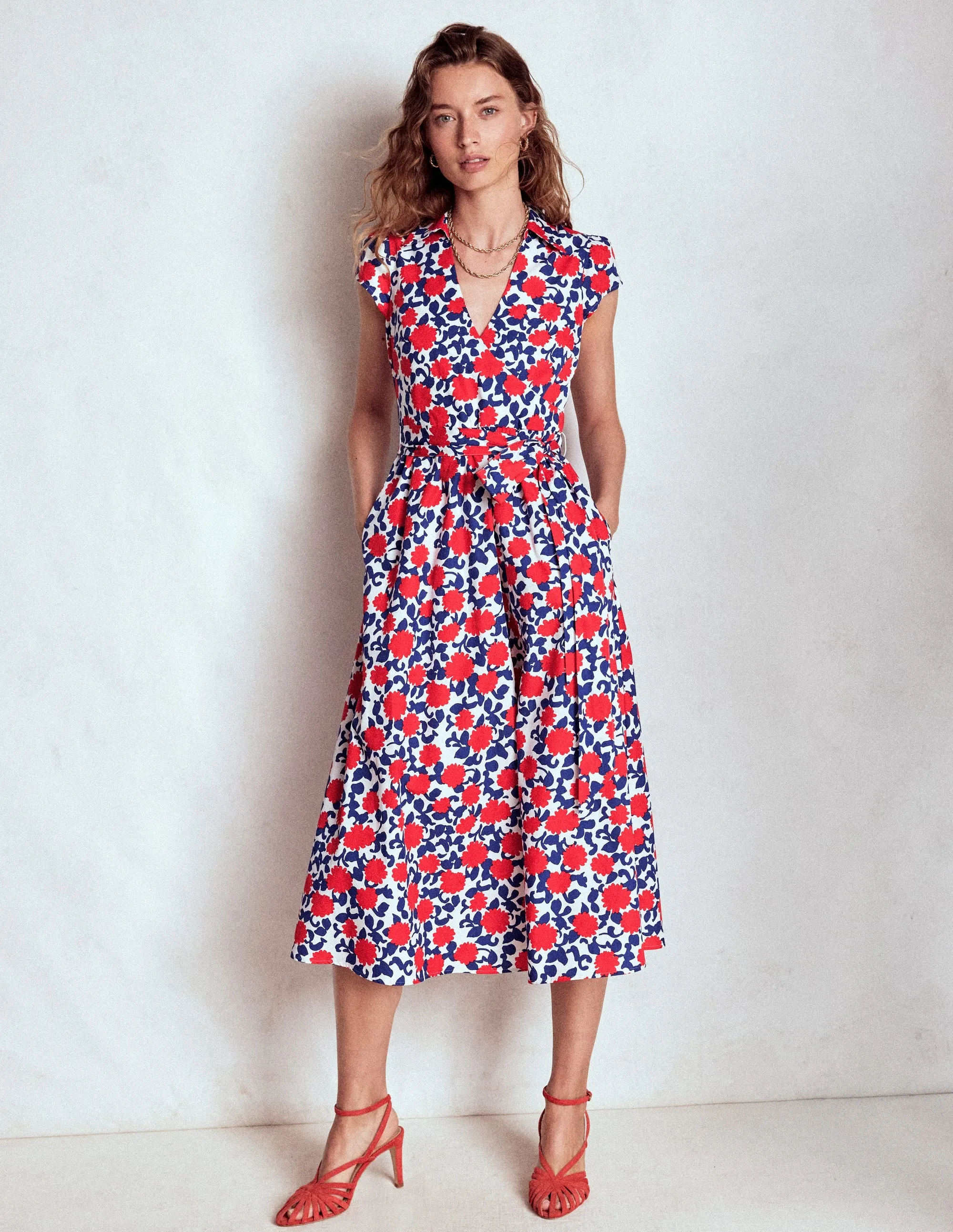 Julia Cotton Wrap Midi Dress-Poppy Red, Floweret Vine