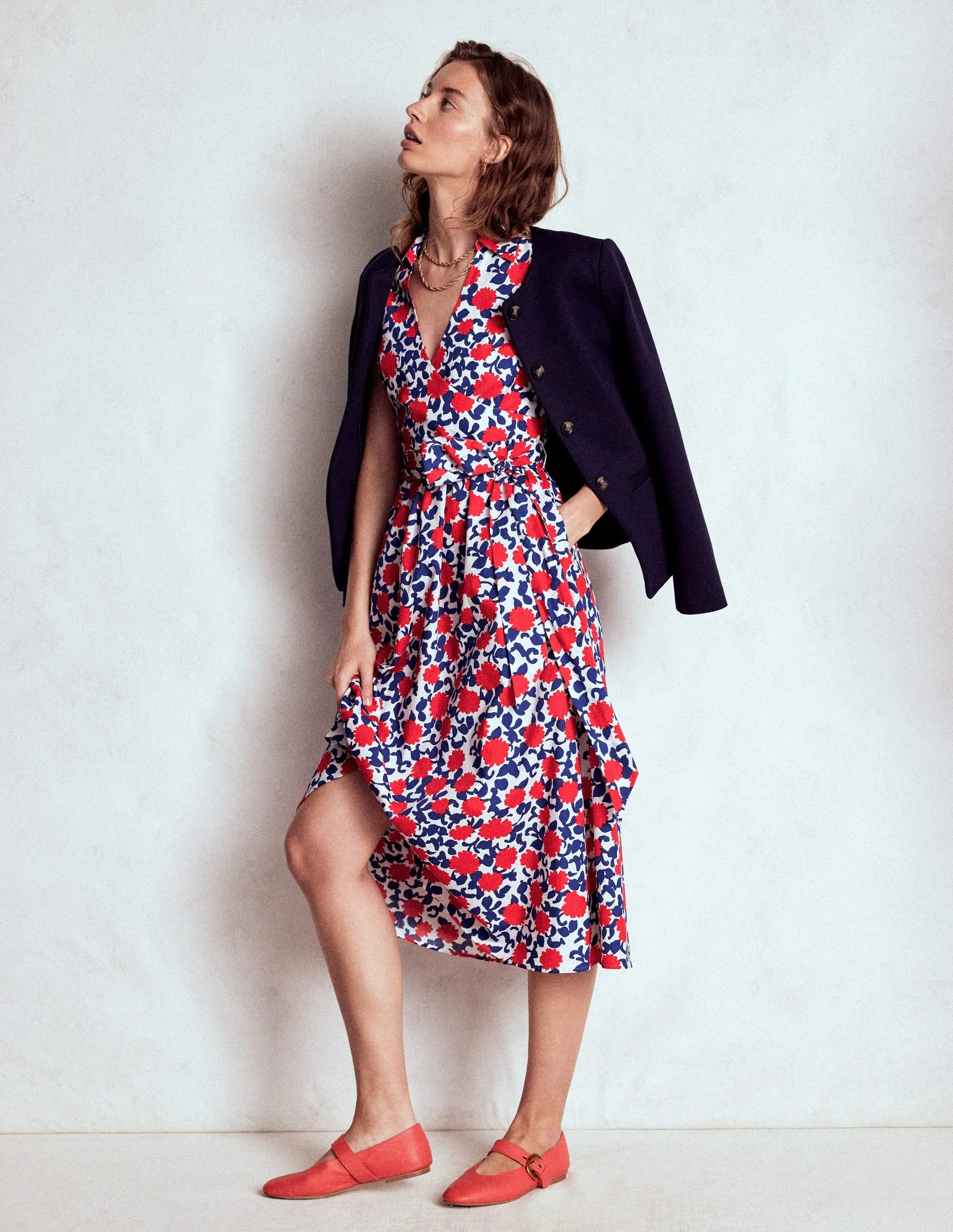 Julia Cotton Wrap Midi Dress-Poppy Red, Floweret Vine