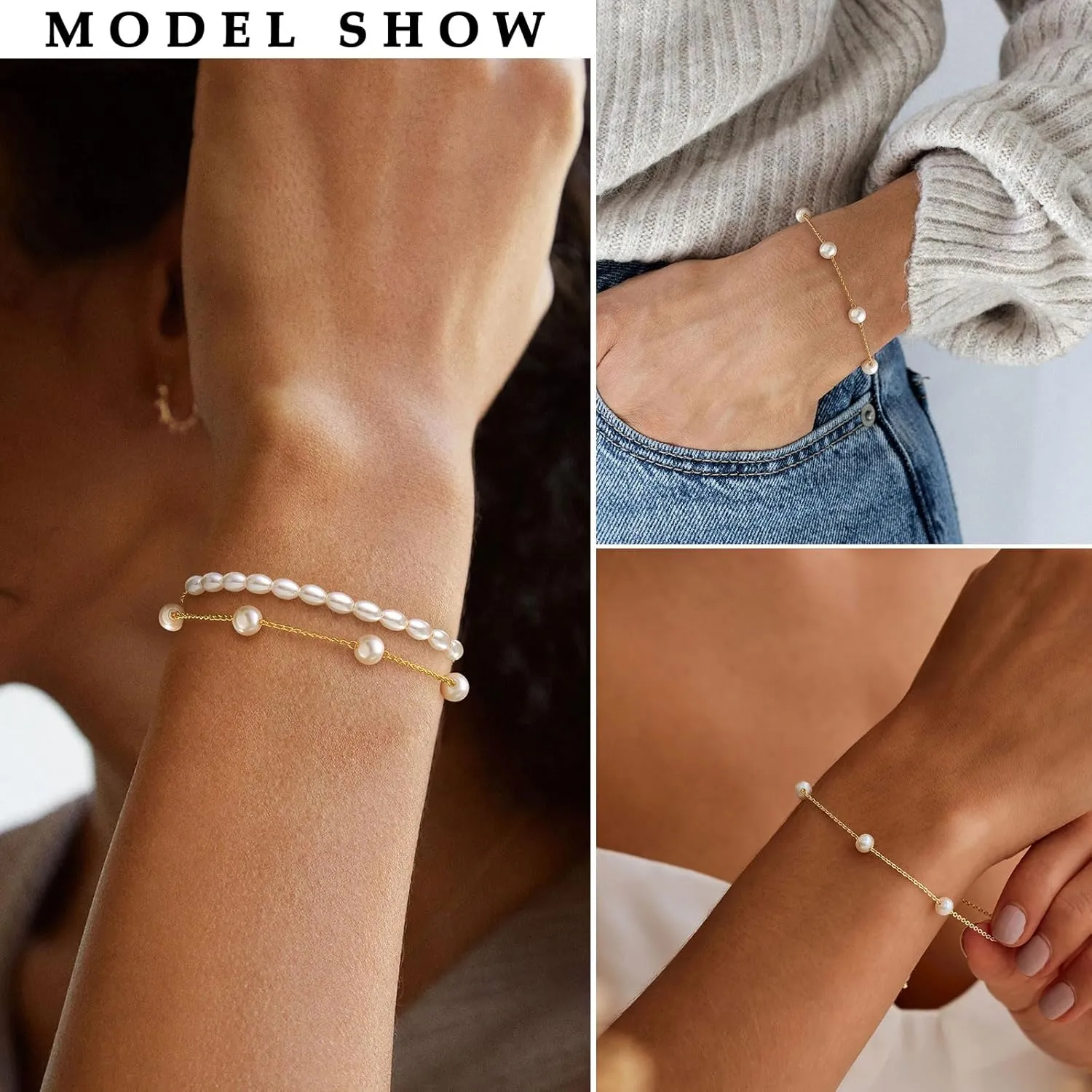 KAERUN Pearl Gold Bracelets for Women Trendy 14K Gold Plated Dainty Pearl Beaded Bracelet Adjustable Chain Bracelets Non Tarnish Bridesmaid Proposal Birthday Gifts for Women Jewelry