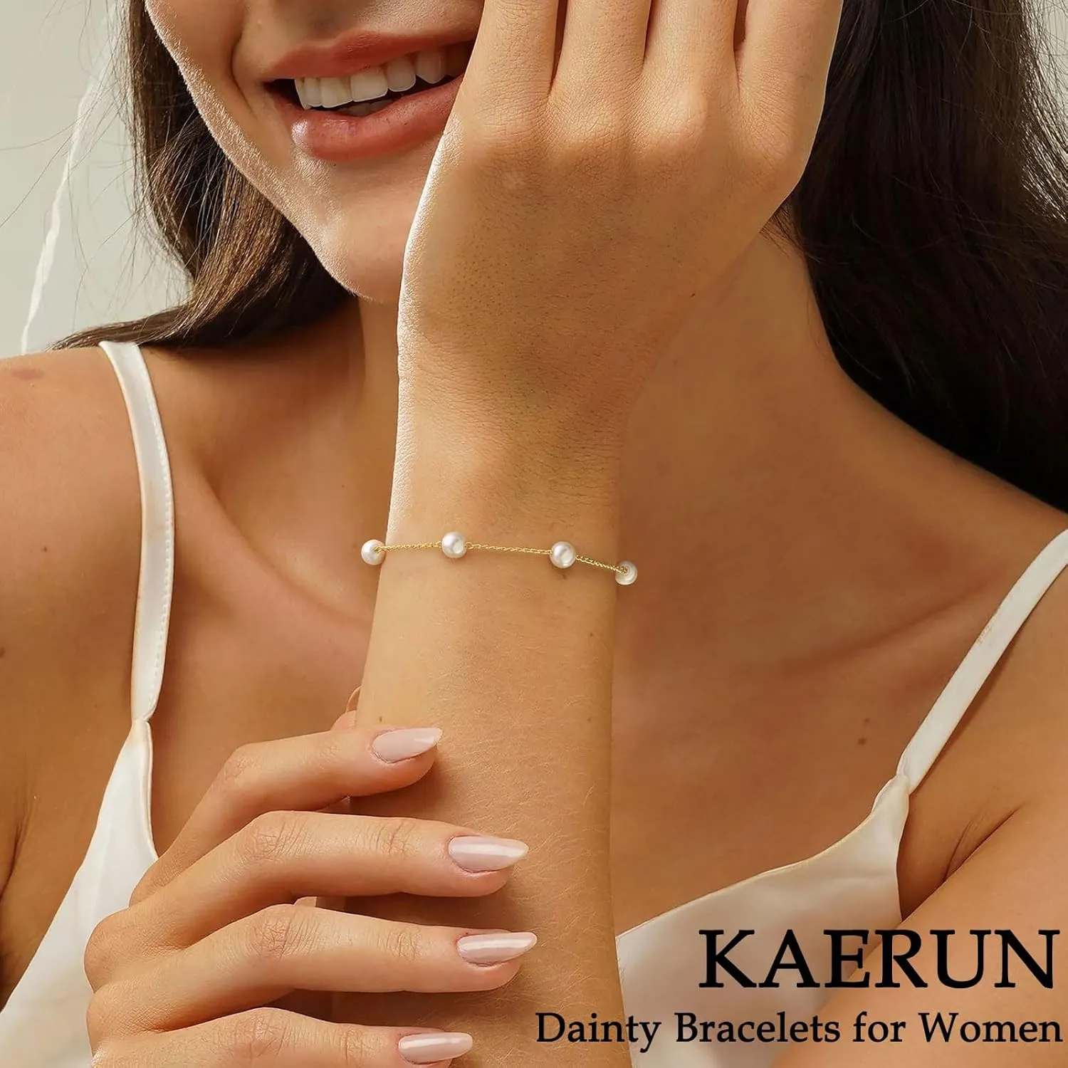 KAERUN Pearl Gold Bracelets for Women Trendy 14K Gold Plated Dainty Pearl Beaded Bracelet Adjustable Chain Bracelets Non Tarnish Bridesmaid Proposal Birthday Gifts for Women Jewelry