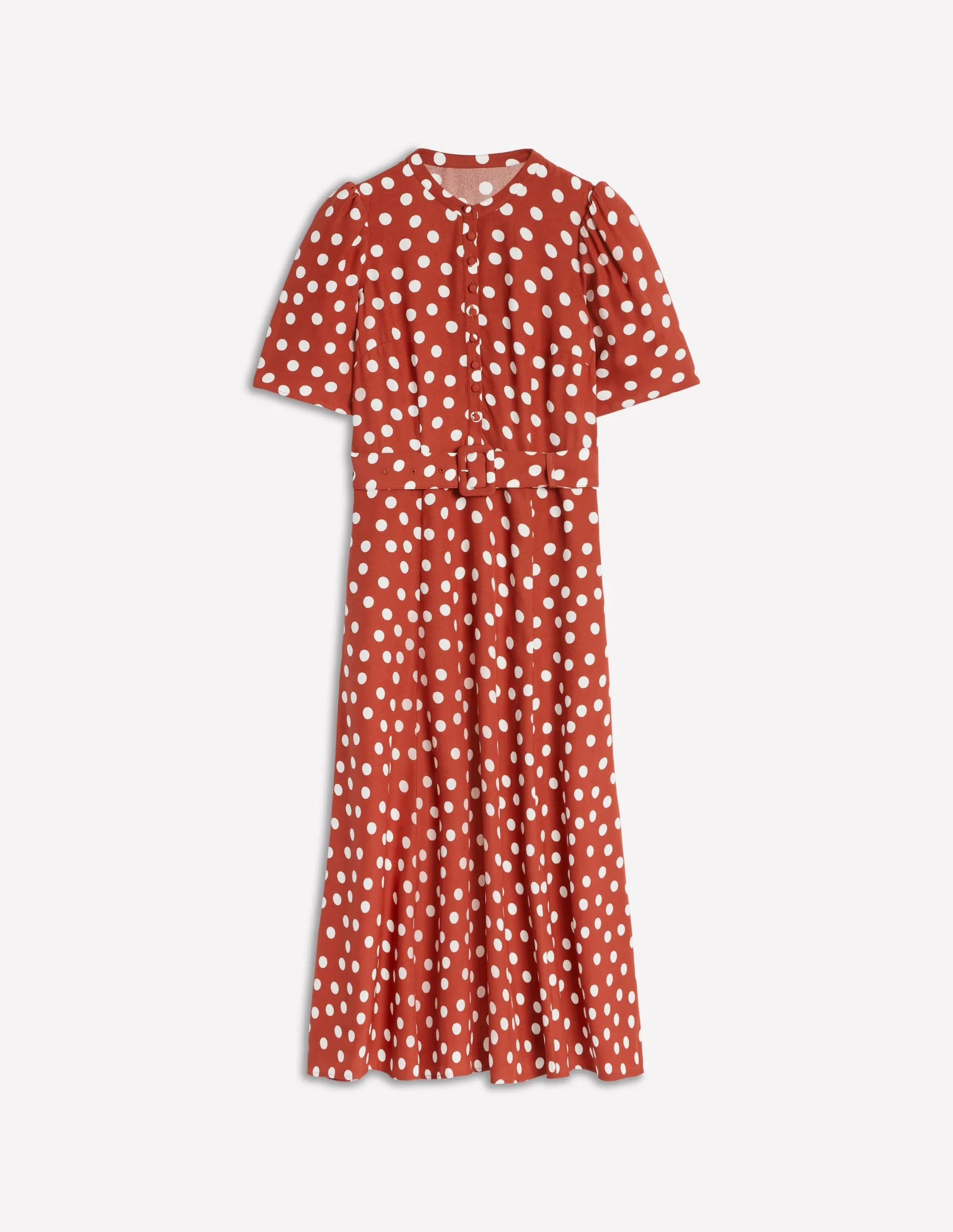 Kate Puff Sleeve Belted Dress-Brown, Painted Dot