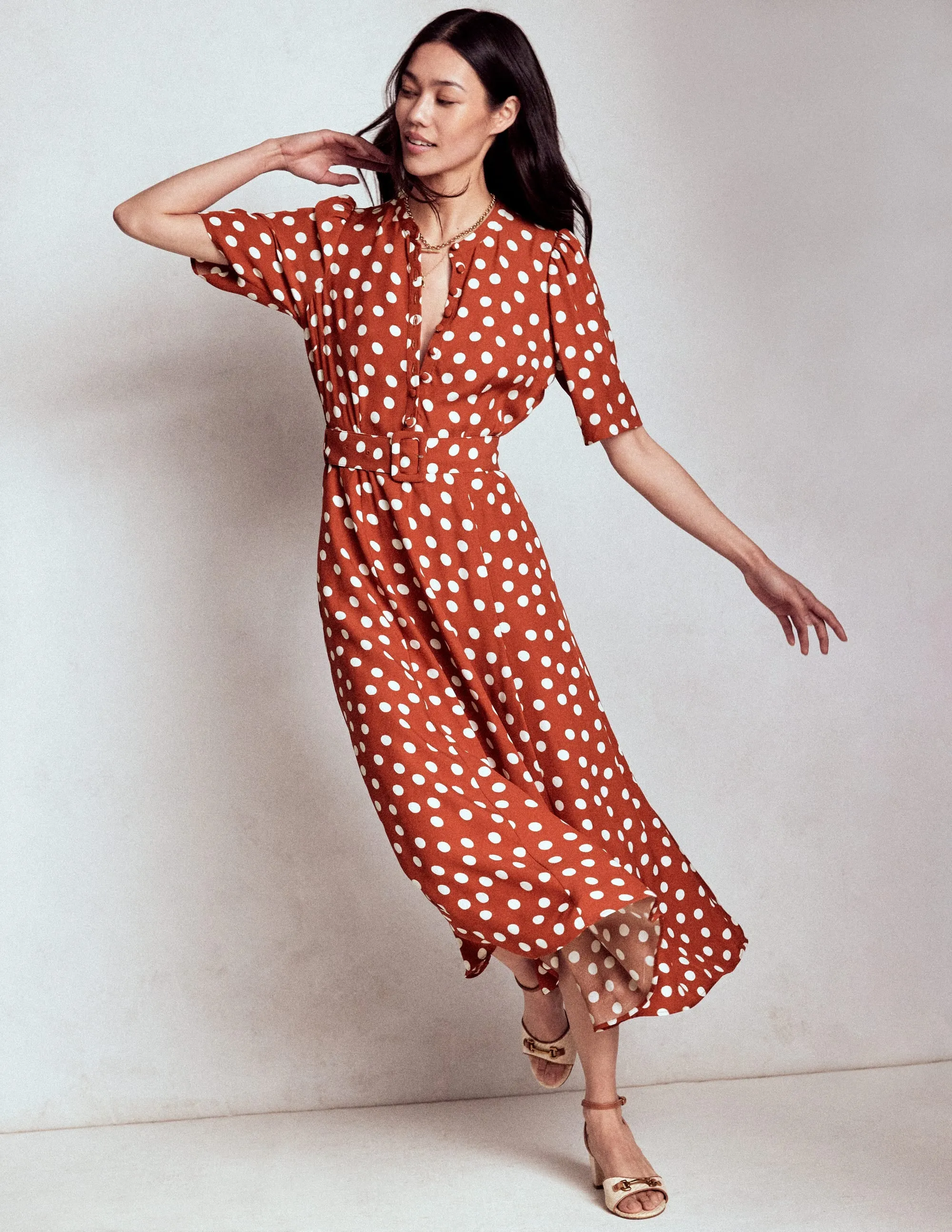 Kate Puff Sleeve Belted Dress-Brown, Painted Dot