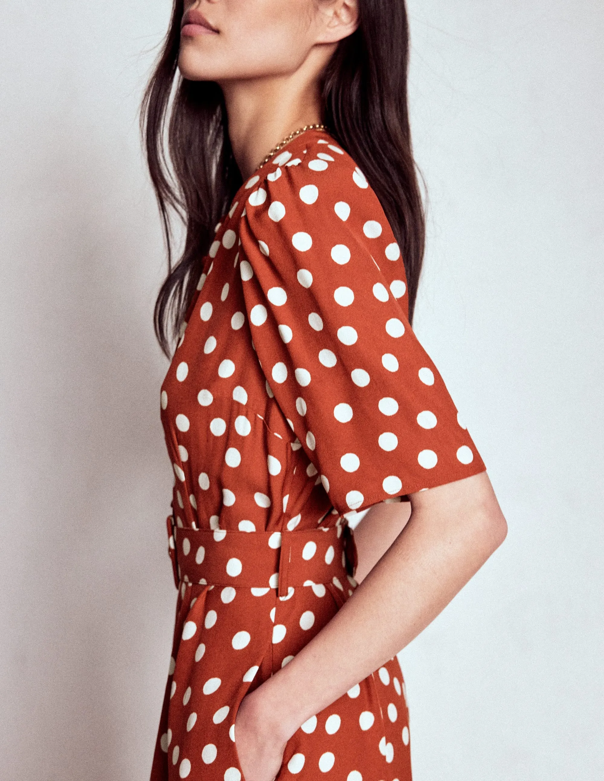 Kate Puff Sleeve Belted Dress-Brown, Painted Dot