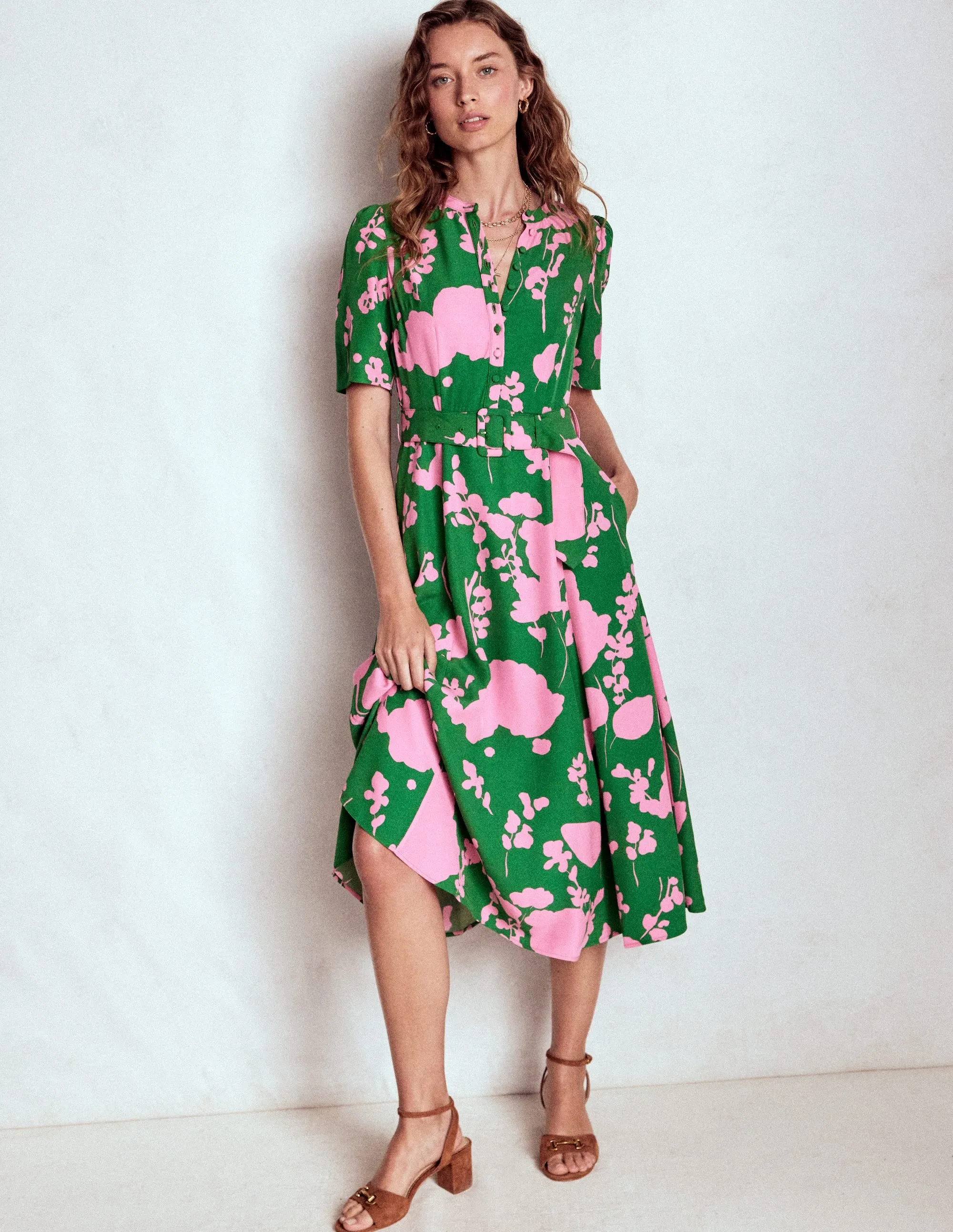 Kate Puff Sleeve Belted Dress-Highland Green, Dainty Sprigs