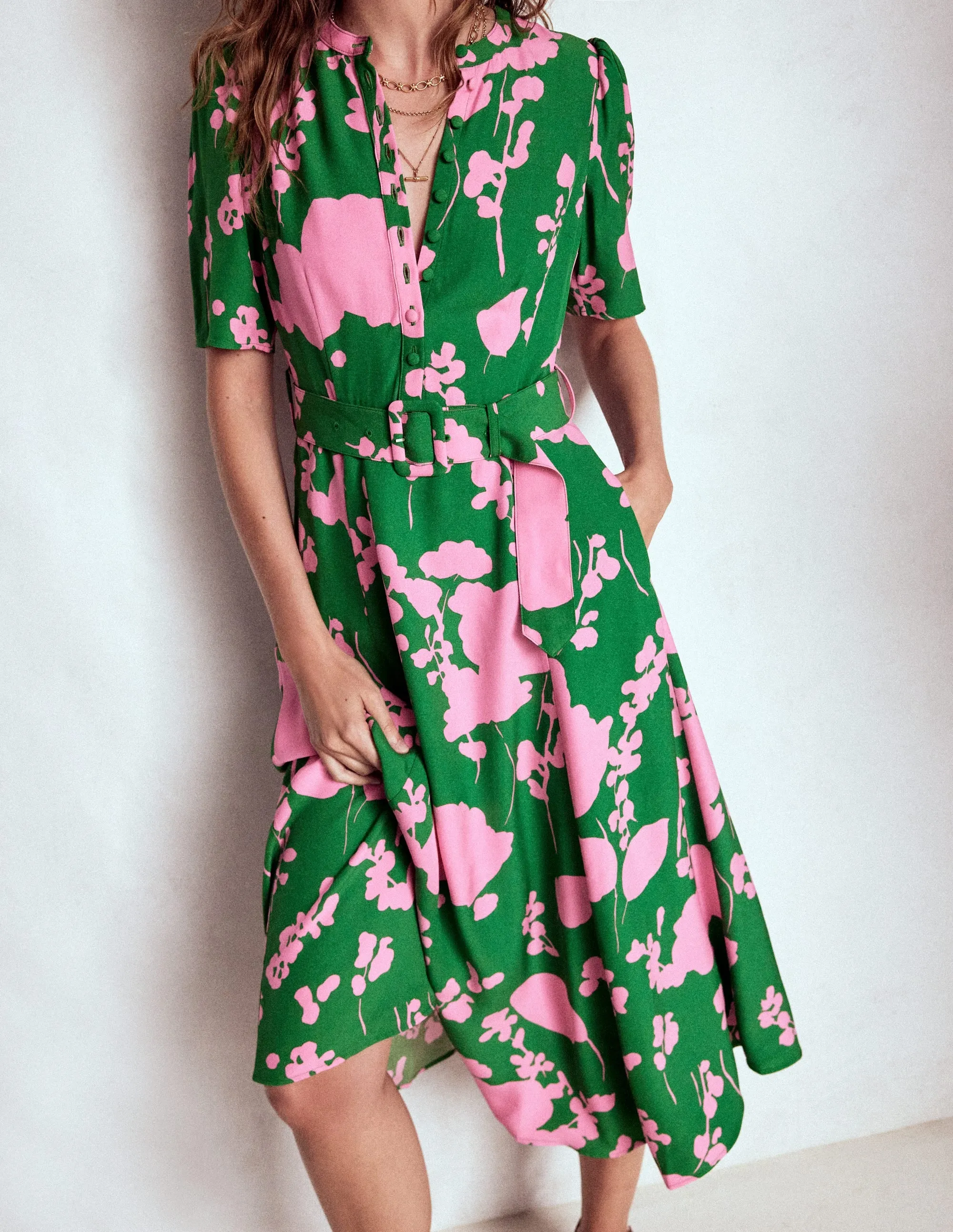 Kate Puff Sleeve Belted Dress-Highland Green, Dainty Sprigs