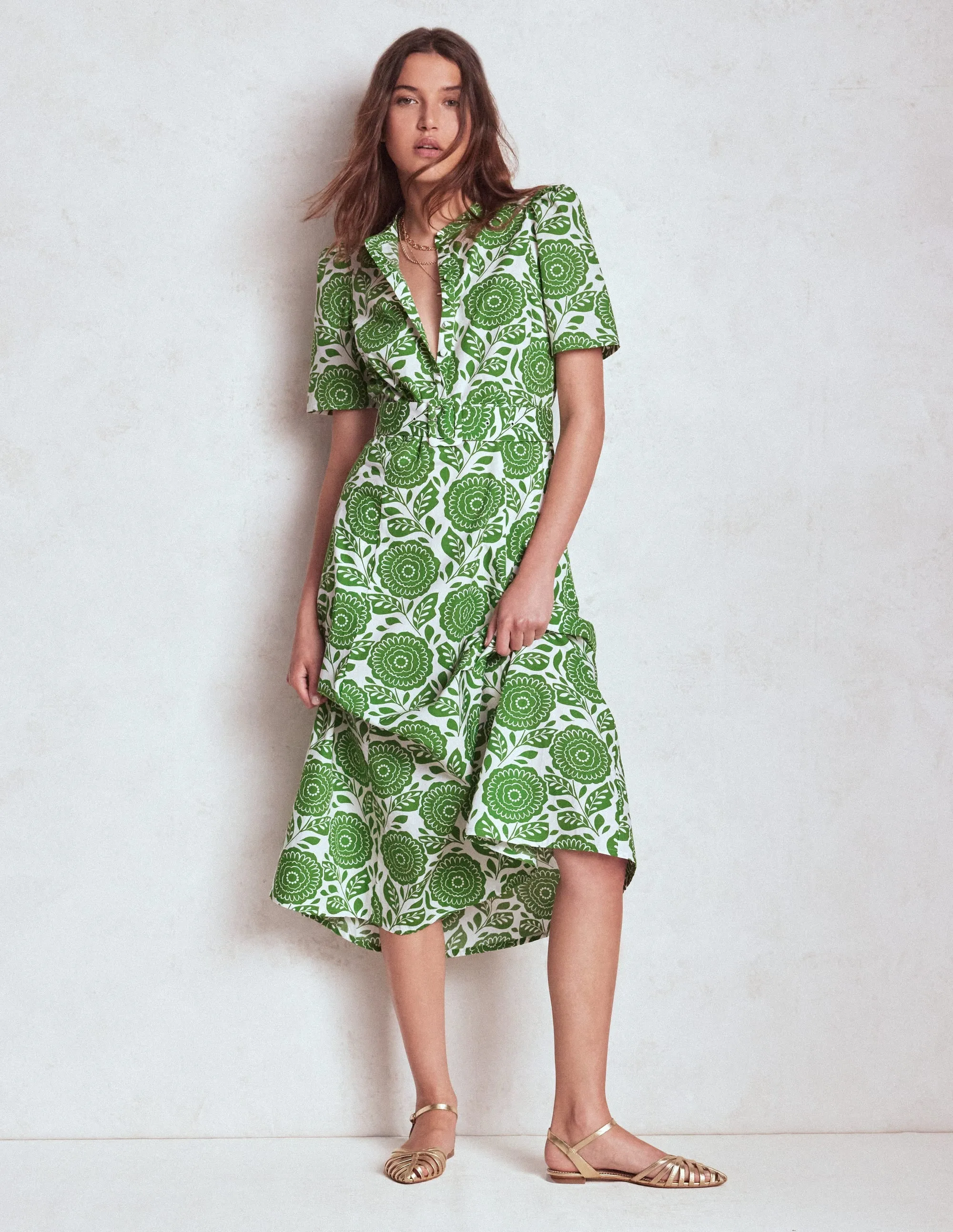 Kate Puff Sleeve Belted Dress-Paradise Green, Dahlia Stamp