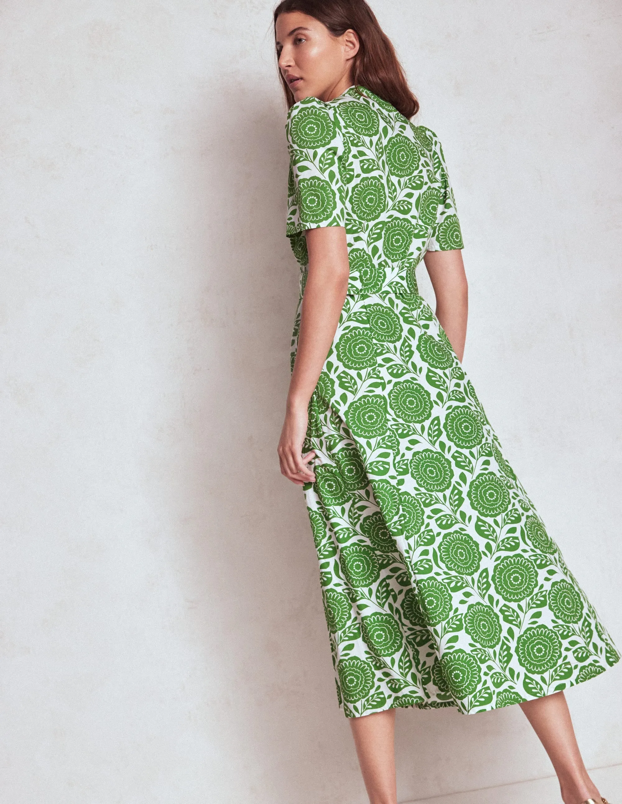 Kate Puff Sleeve Belted Dress-Paradise Green, Dahlia Stamp