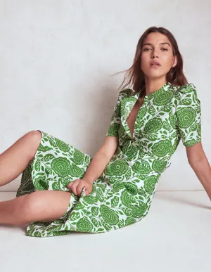 Kate Puff Sleeve Belted Dress-Paradise Green, Dahlia Stamp