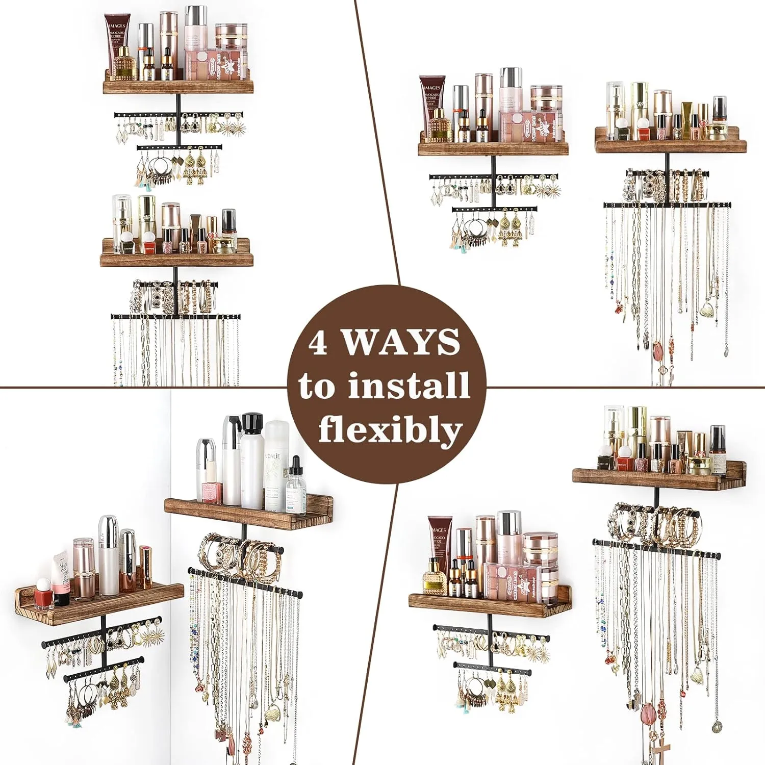 Keebofly Hanging Wall Mounted Jewelry Organizer with Rustic Wood Jewelry Holder Display for Necklaces Bracelet Earrings Ring Set of 2 Carbonized Black,[Patented]