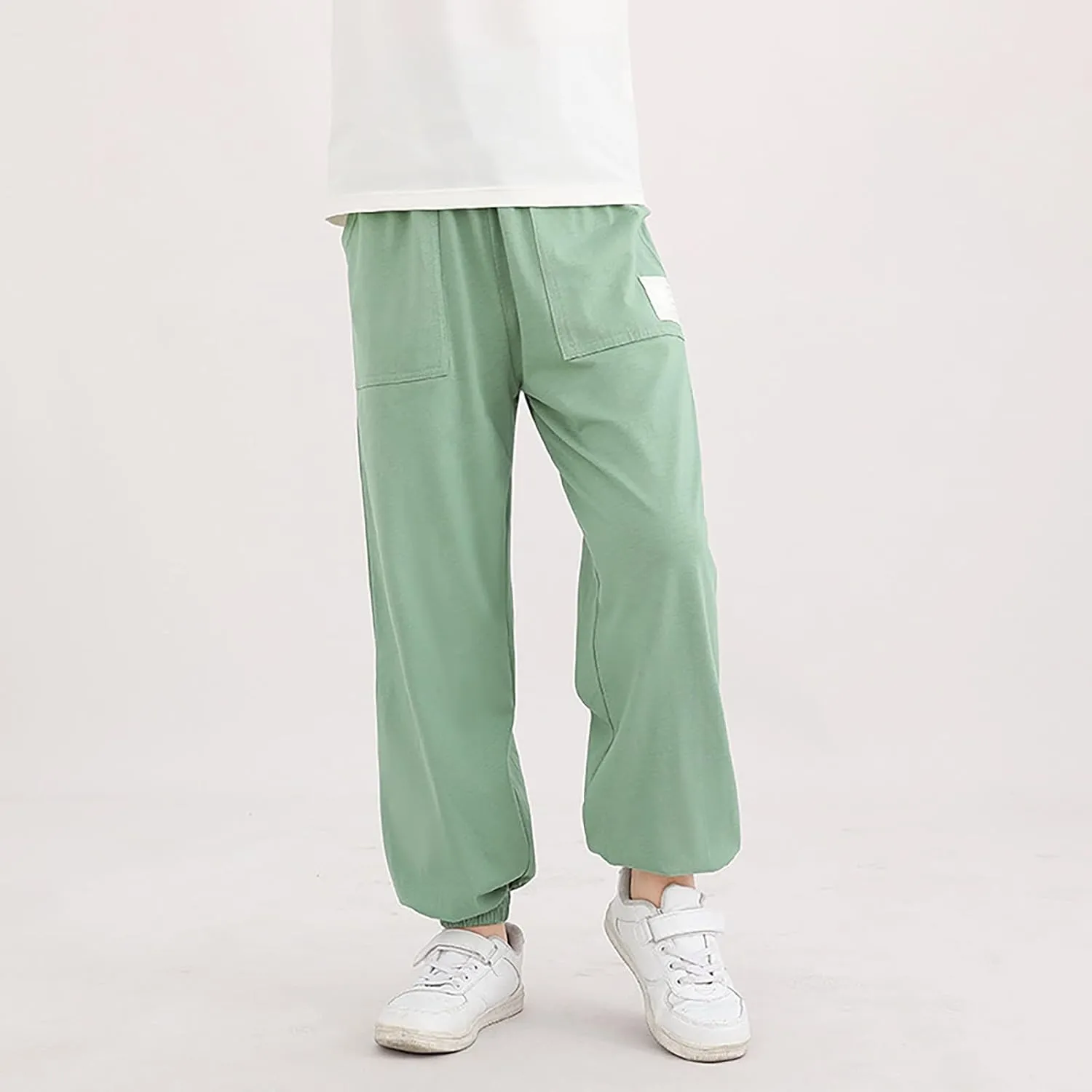 Kids Boys Girls Cuffed Sweatpants Stretch Pull on Elastic Pants Kids Jogger Loose Solid Color School Pants