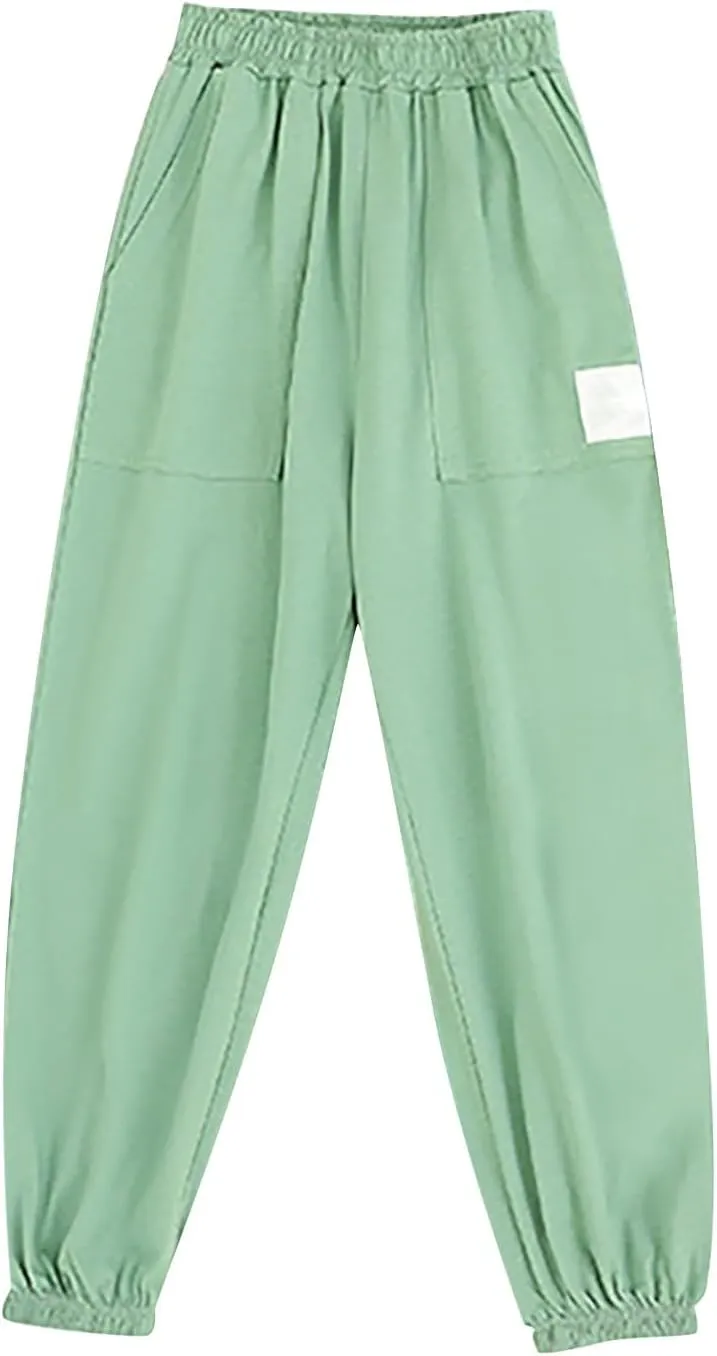 Kids Boys Girls Cuffed Sweatpants Stretch Pull on Elastic Pants Kids Jogger Loose Solid Color School Pants