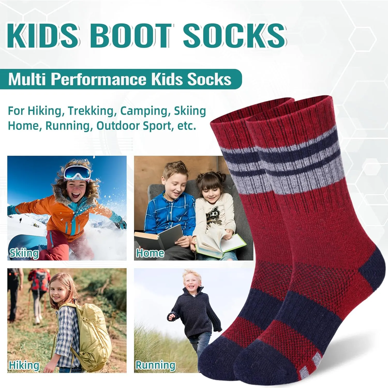 Kids Merino Wool Hiking Socks Toddlers Boys Girls Thermal Warm Winter Cushion Moisture Wicking Crew Boot Socks 6 Pairs