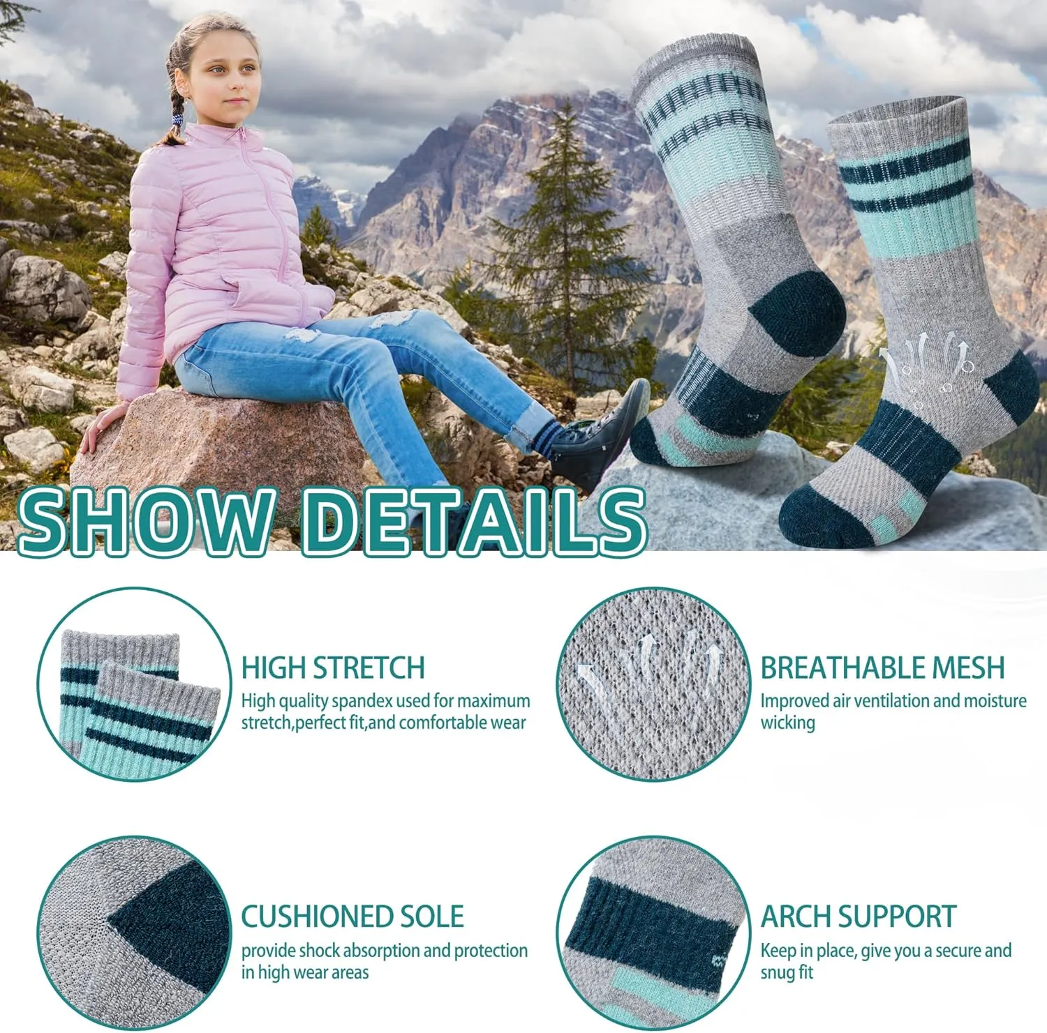 Kids Merino Wool Hiking Socks Toddlers Boys Girls Thermal Warm Winter Cushion Moisture Wicking Crew Boot Socks 6 Pairs