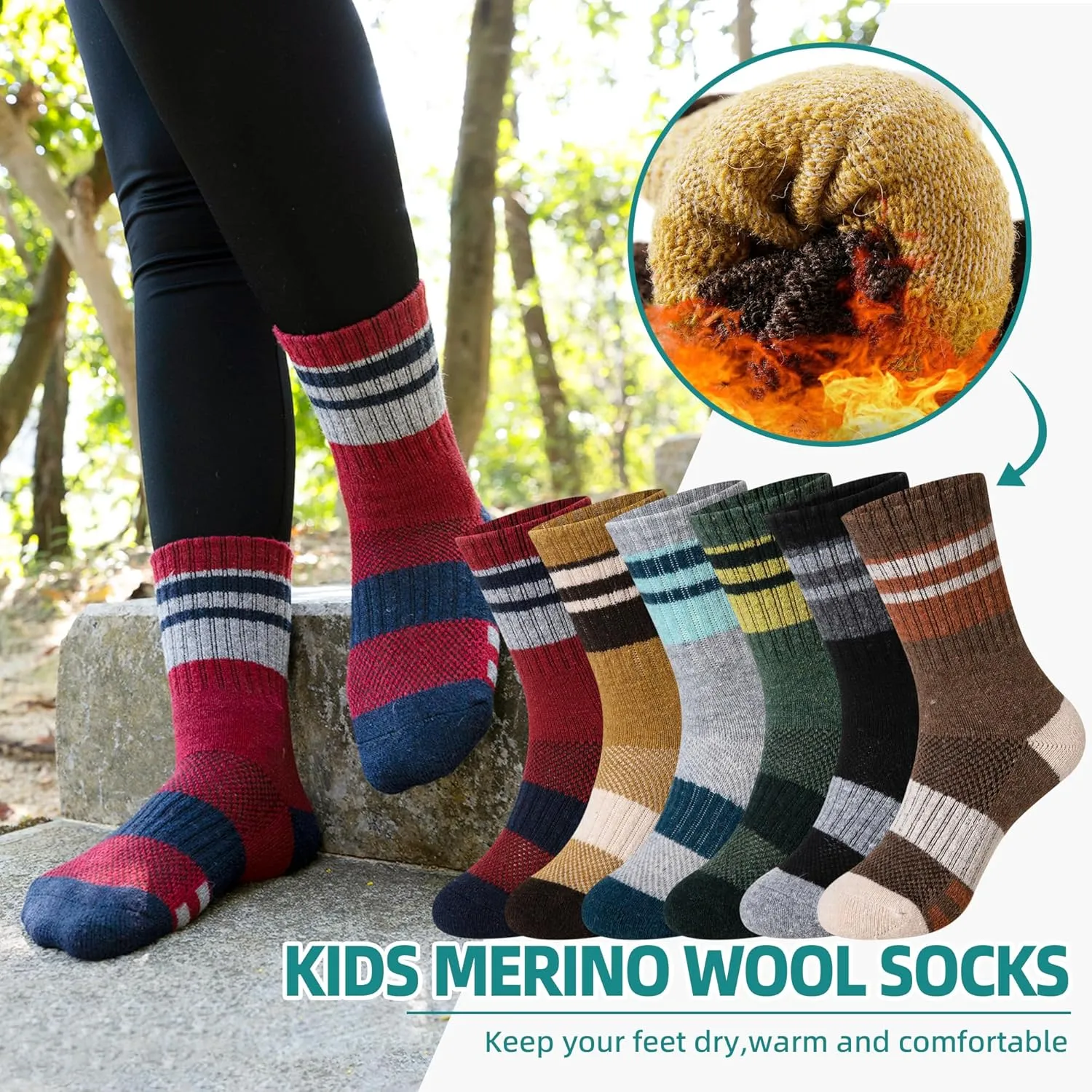Kids Merino Wool Hiking Socks Toddlers Boys Girls Thermal Warm Winter Cushion Moisture Wicking Crew Boot Socks 6 Pairs