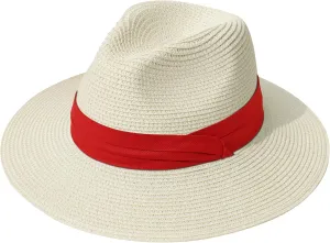 Lanzom Women Wide Brim Straw Panama Roll up Hat Fedora Beach Sun Hat UPF50 
