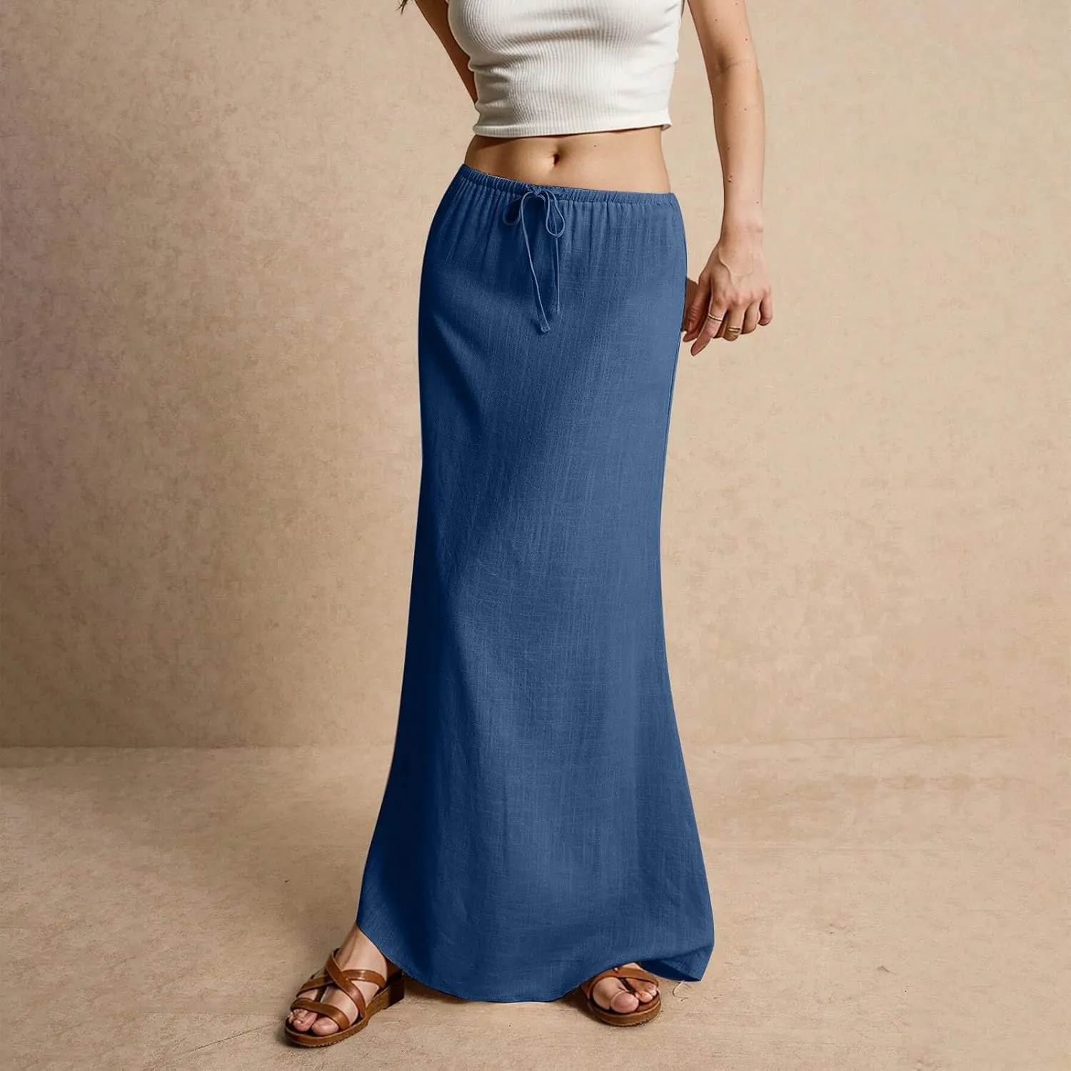Linen Maxi Skirts for Women Summer 2025 Vacation Boho Skirt Comfy Drawstring Low Waist A Line Skirt Long Cover Ups