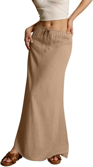 Linen Maxi Skirts for Women Summer 2025 Vacation Boho Skirt Comfy Drawstring Low Waist A Line Skirt Long Cover Ups