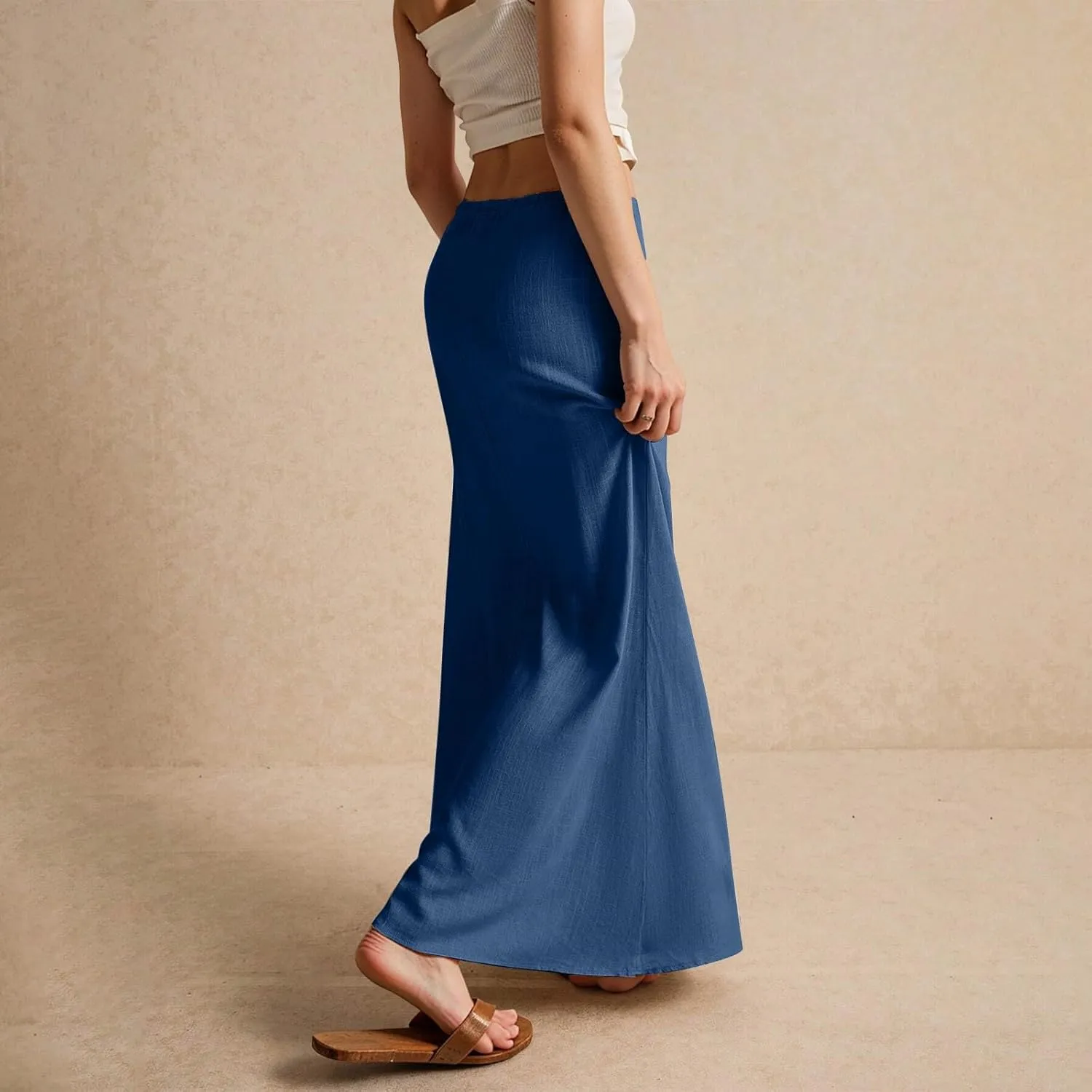 Linen Maxi Skirts for Women Summer 2025 Vacation Boho Skirt Comfy Drawstring Low Waist A Line Skirt Long Cover Ups