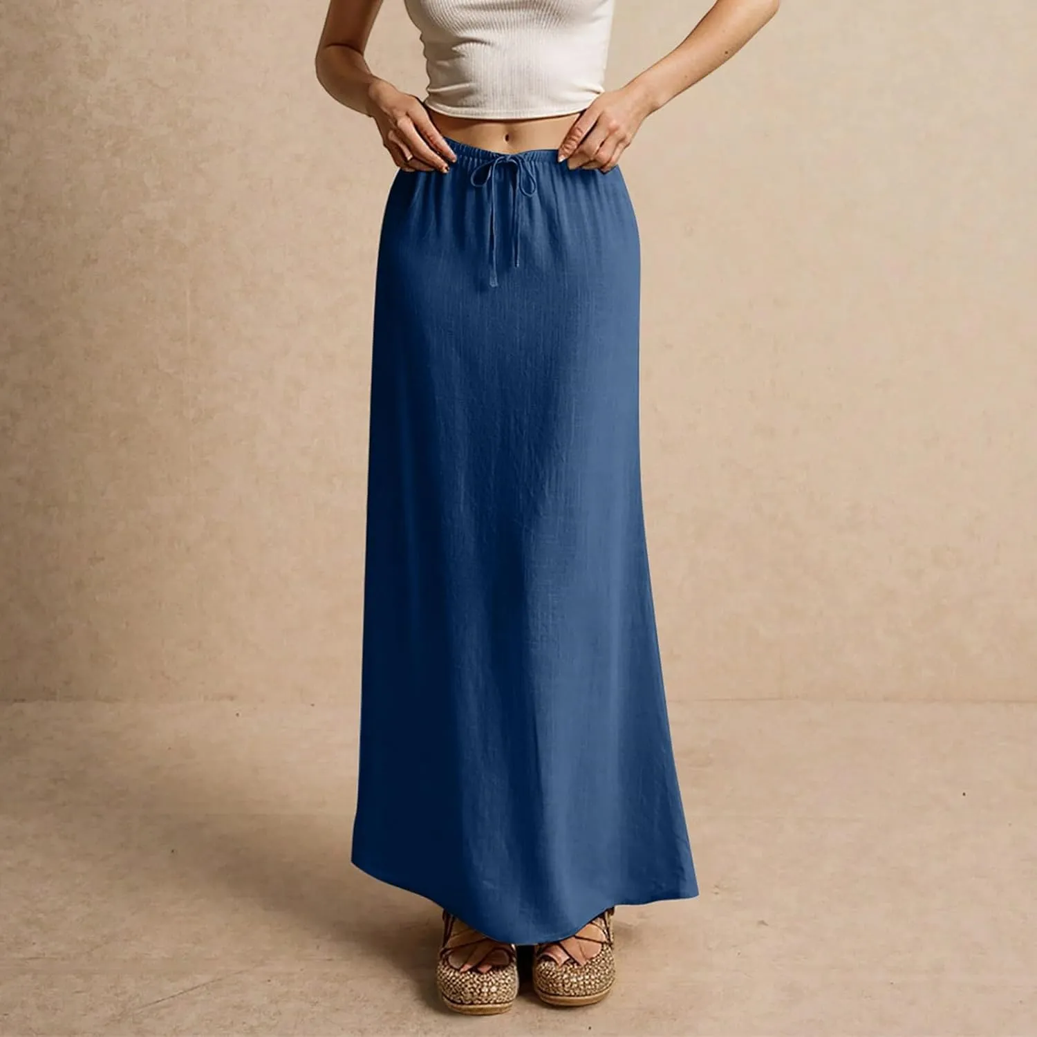 Linen Maxi Skirts for Women Summer 2025 Vacation Boho Skirt Comfy Drawstring Low Waist A Line Skirt Long Cover Ups