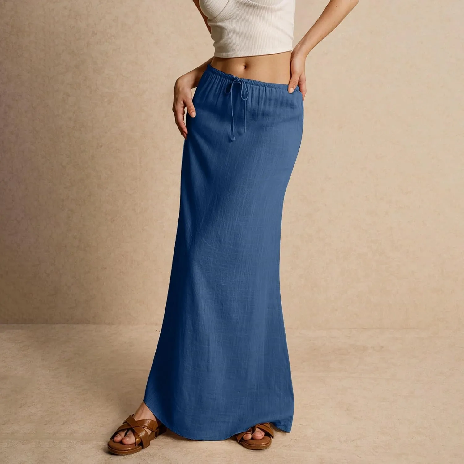 Linen Maxi Skirts for Women Summer 2025 Vacation Boho Skirt Comfy Drawstring Low Waist A Line Skirt Long Cover Ups